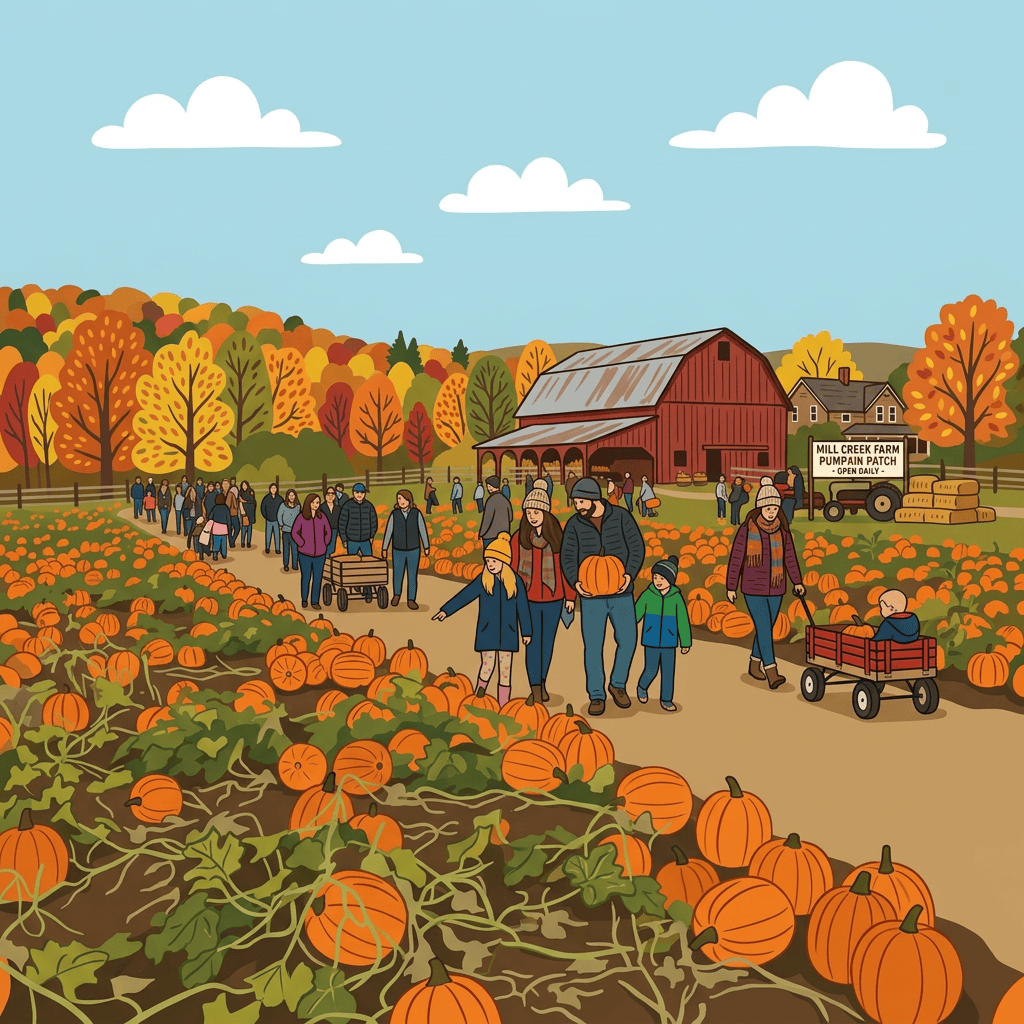 Families picking pumpkins in a field beside a red barn